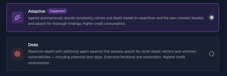 Engagement intensity selector — Adaptive (suggested) versus Deep mode