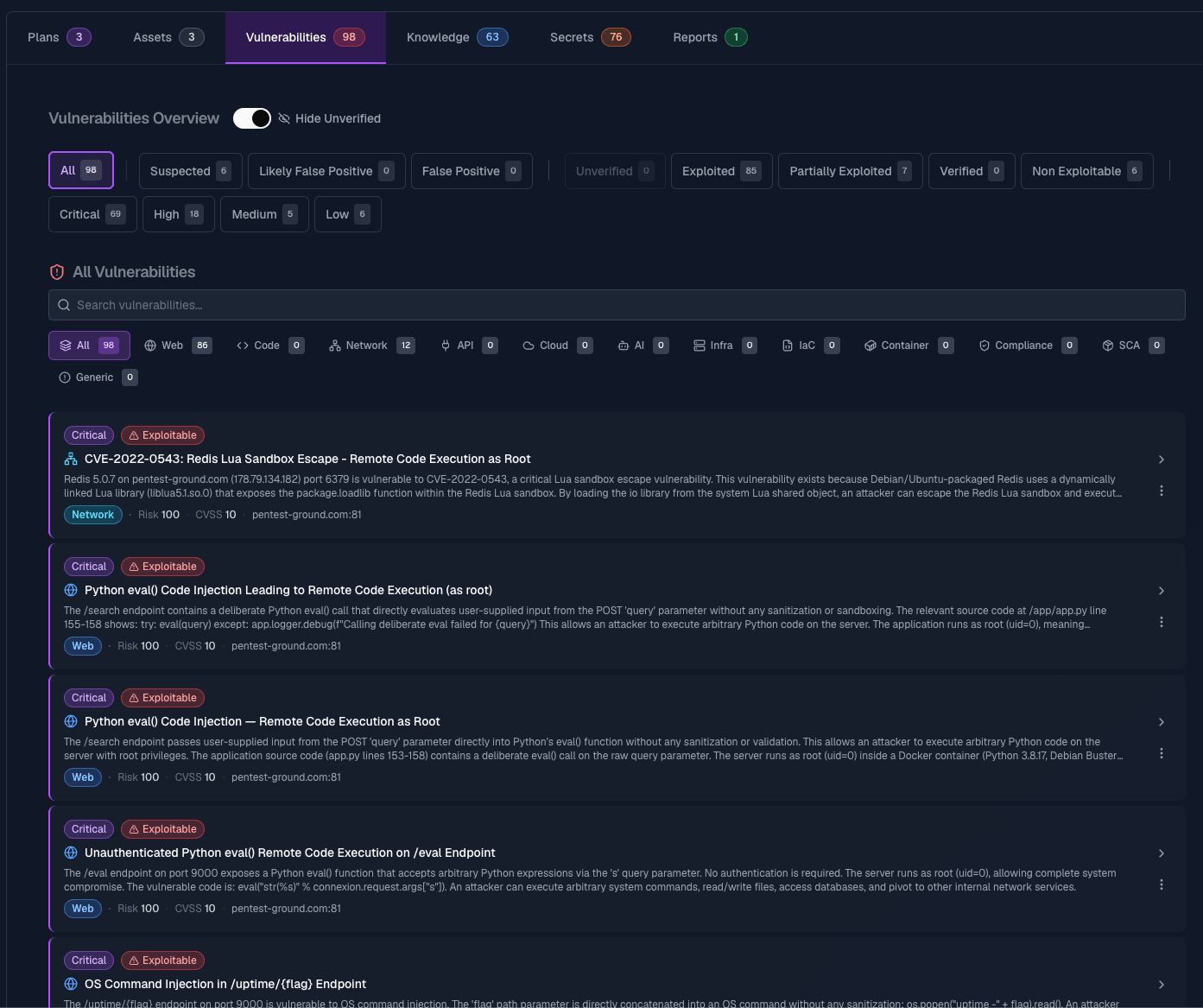 SpartanX engagement Vulnerabilities tab — exploitable findings appearing in real time with severity and status filters