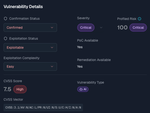SpartanX vulnerability details — PESS profiled risk score of 100, confirmed and exploitable, with PoC and remediation available alongside the raw CVSS score