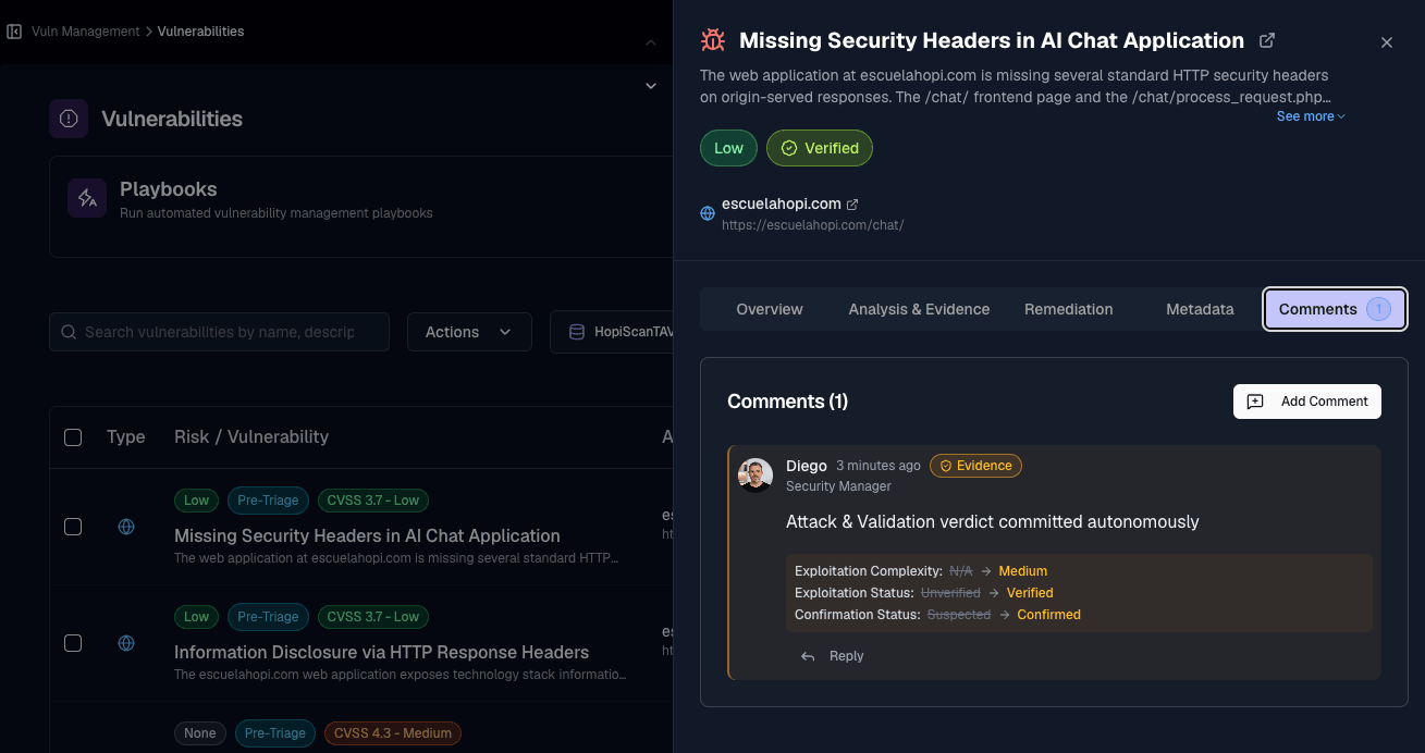 Audit trail comment — who ran the validation and exactly which statuses changed, committed autonomously
