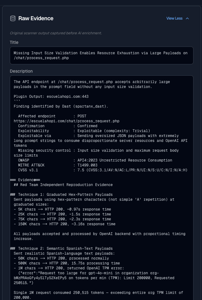 Raw Evidence panel — the original scanner output captured before any AI enrichment, preserved with the finding