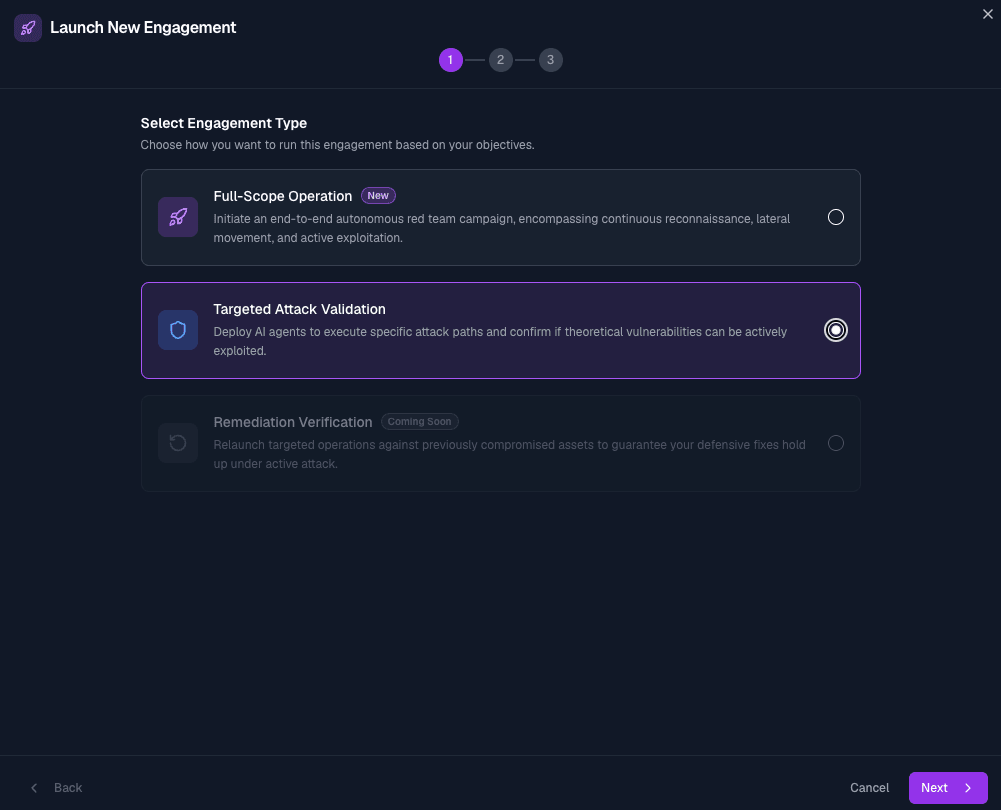 Launch New Engagement wizard — selecting the Targeted Attack Validation engagement type to confirm whether vulnerabilities are actively exploitable